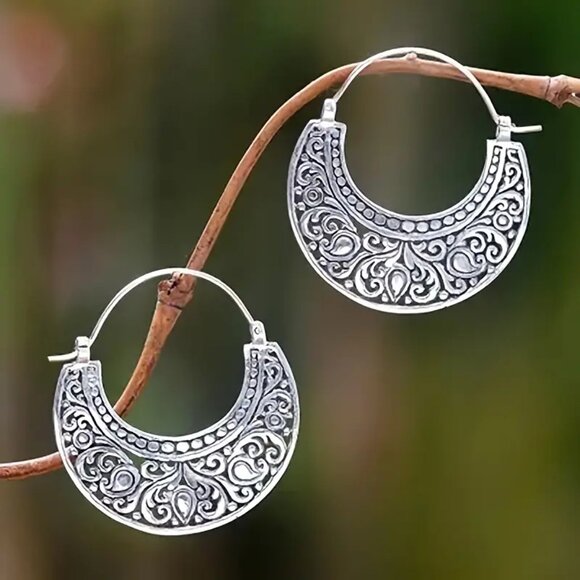 SI HE Jewelry Jewelry - New Silver Plated Carved Pattern Hoop Earrings Bohemian Ethnic Style